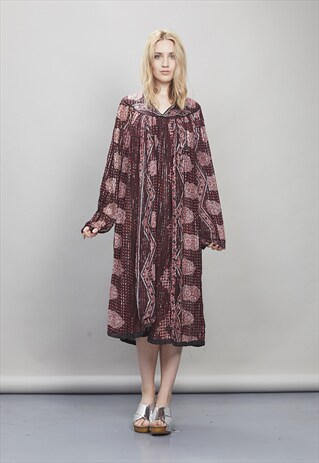 BURGUNDY VINTAGE 70'S INDIAN COTTON BOHO DRESS