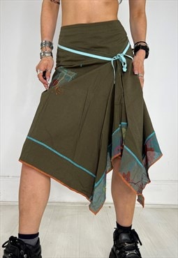 Vintage 90s Skirt Textured Midi Layered Boho Khaki Fairy Y2k