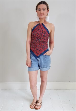 VINTAGE 80'S REWORKED SIMPLE SILK SCARF TIE BACK HALTER TOP
