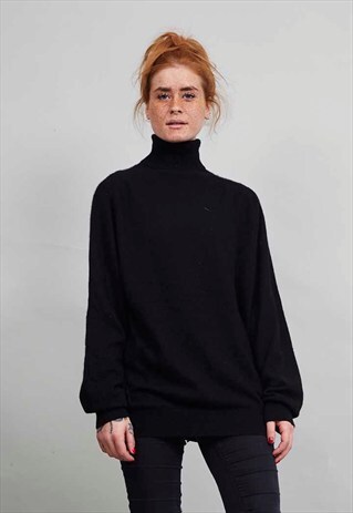 SUPER OVERSIZED BLACK VINTAGE ROLL NECK CASHMERE JUMPER
