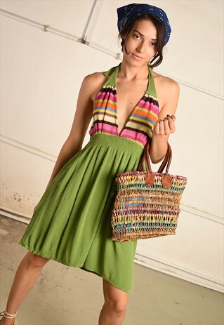 VINTAGE 90S SUMMER BOHO FESTIVAL PARIS CHIC HALTER DRESS