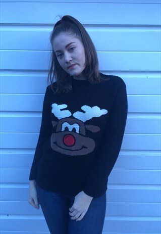 WOMENS VINTAGE BLACK RUDOLF REINDEER XMAS CHRISTMAS JUMPER