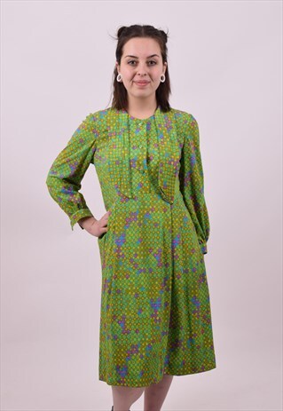 VINTAGE 70'S BRIGHT GREEN CRAZY PRINT DAY DRESS SIZE 8 10