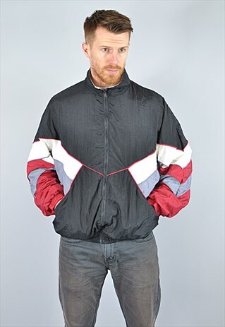 VINTAGE BLACK & RED SPORTS SHELL-SUIT TRACK TOP JACKET