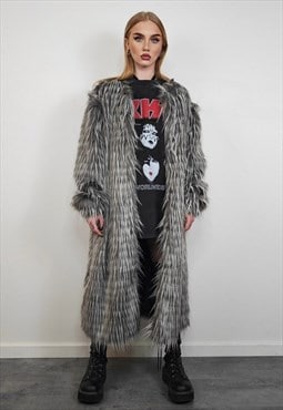 Long shaggy fur coat striped collarless festival trench grey