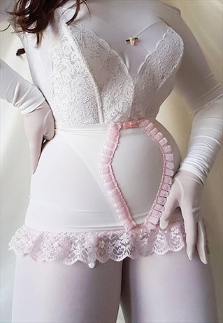 VINTAGE 70S SHEER FRILLY LACE GIRDLE SKIRT IN PINK AND WHITE