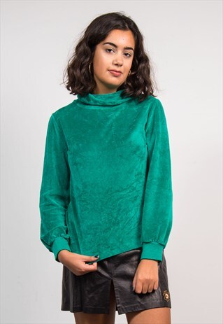 VINTAGE 90'S BRIGHT GREEN ROLL NECK VELVET TOP
