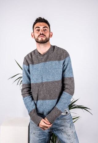 VINTAGE 1980S JUMPER IN GREY AND BLUE STRIPES