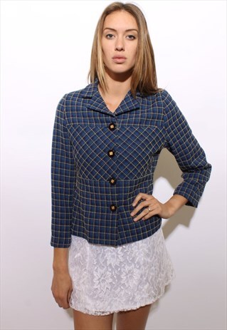 VINTAGE 1980'S 80'S BLUE CHECKERED BOXY SUIT JACKET S-M