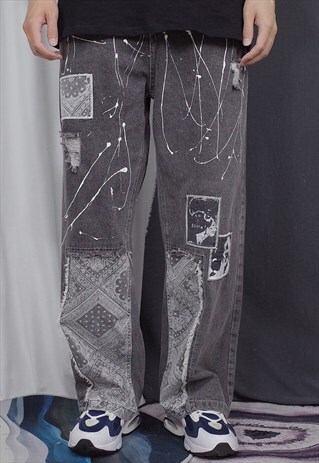 Black Washed Graffiti Patchwork Denim jeans pants trousers | DEMOS ...