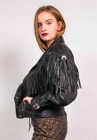 VINTAGE 80'S BLACK LEATHER TASSEL BIKER JACKET