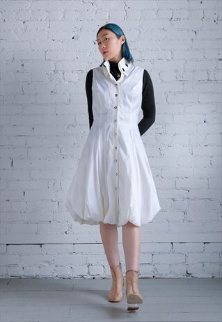 REVIVAL VINTAGE 90S BUBBLE HEM IVORY BUTTON UP DRESS