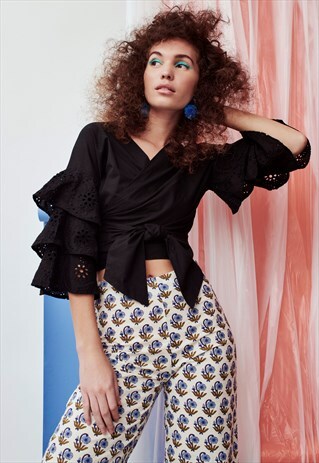 THEA BLACK WRAP CROP TOP WITH FRILLED EMBROIDERED SLEEVES
