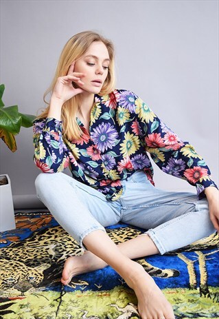 90'S RETRO ABSTRACT FLORAL PATTERN OVERSIZED SHIRT