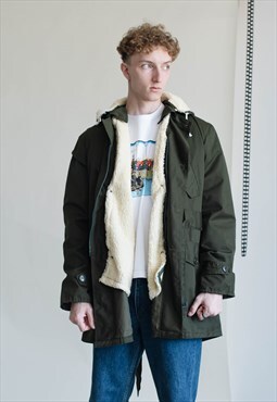 Vintage 90s Hooded Zip Up Green Men Parka Jacket In M/L
