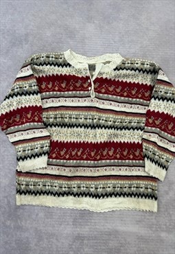Vintage Knitted Jumper Abstract Patterned 1/4 Button Sweater