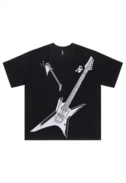 Guitar print t-shirt rocker top grunge metalcore tee black