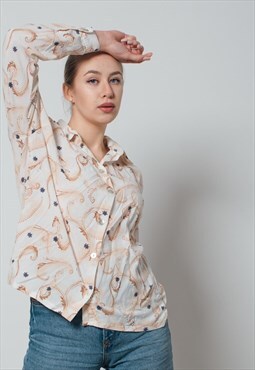 Vintage Long Sleeve Floral Printed Women Shirt in Pastel M