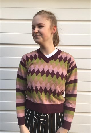 WOMENS VINTAGE 80S JUMPER MULTI COLOUR PATTERNED SWEATER TOP