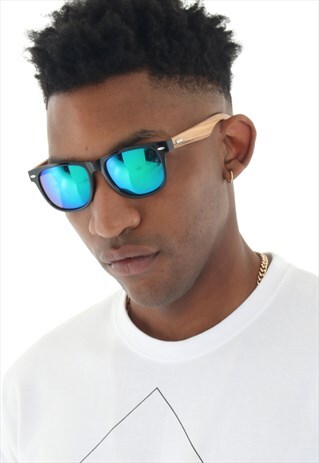 BLUE MIRRORED SUNGLASSES WITH BAMBOO FRAMES INCLUDES CASE