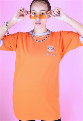 VINTAGE 90S T-SHIRT ORANGE AND EMBROIDERY PURPLE WHITE CUFF