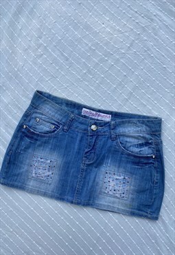 Vintage Y2K Blue Denim Mini Micro Skirt Sequins Butterfly 