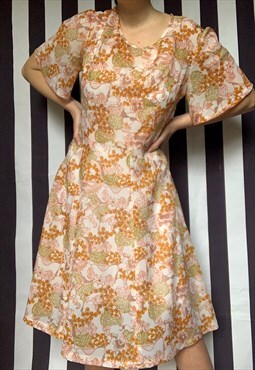Vintage 70s midi summer orange dress, wide sleeves, UK12/14