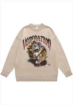 Monster sweater knitted distressed money print jumper beige