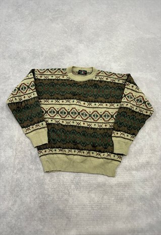 VINTAGE KNITTED JUMPER ABSTRACT PATTERNED GRANDAD SWEATER