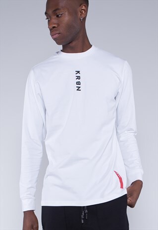 WHITE LONG SLEEVE T-SHIRT WITH RIBBED CUFF AND CHEST LOGO