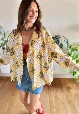 1970's vintage yellow and navy geometric print blouse