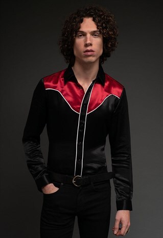 MENS BLACK/RED WESTERN SKULL BUTTON SATIN SHIRT