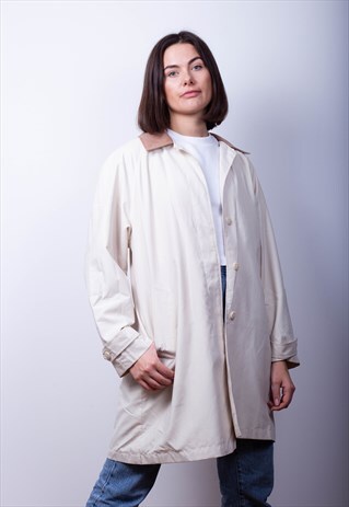 LONG CREAM TRENCH MAC WITH BROWN COLLAR