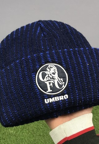 VINTAGE UMBRO CHELSEA FC WINTER BEANIE HAT IN BLUE WITH EMBR