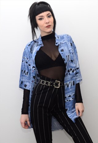 VINTAGE 90'S BLUE RETRO PATTERNED BOYFRIEND SHIRT