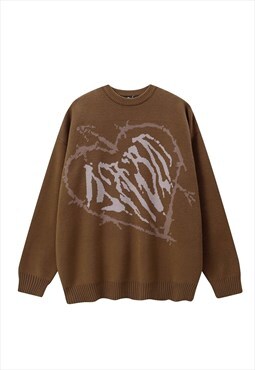 Heart print sweater knitted grunge jumper graffiti top brown
