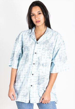 VINTAGE 80S CRAZY PATTERN FESTIVAL SHORT SLEEVE SHIRT /S2060