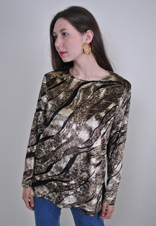 TIGER PATTERN VELVET PULLOVER BLOUSE, SIZE M