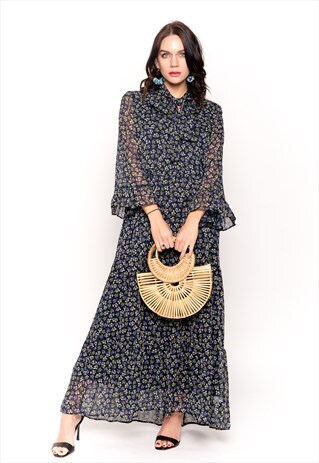 BLUE FLORAL DAISY PRINT FRILLED SLEEVES MAXI DRESS WEDDING