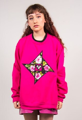 VINTAGE 90'S NEON PINK OVERSIZED FLORAL PRINT SWEATSHIRT