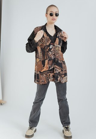 VINTAGE 70S BOXY FIT LONG SLEEVE SHIRT IN BROWN PATTERN L/XL