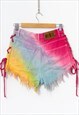 LACE UP CUT-OFF DENIM SHORTS IN RAINBOW UPCYCLED 