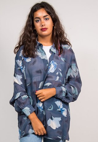 90'S VINTAGE BLUE FLORAL SHEER SHIRT BLOUSE