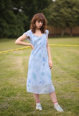 VINTAGE 90'S BLUE LONG MIDI/ MAXI DRESS FLORAL Y2K