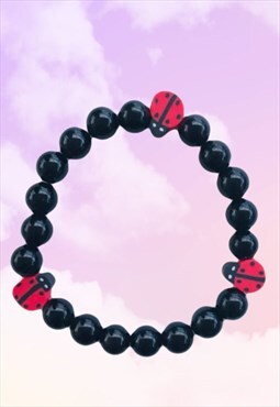 Lucky Red Ladybirds - Black Onyx Beaded Gemstone Bracelet