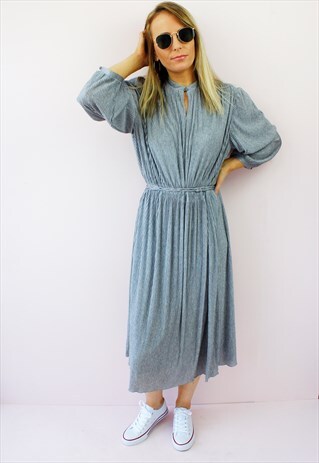 VINTAGE 80'S GREY LONG SLEEVE PLEATED BELTED MIDI DRESS