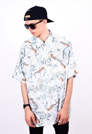 VINTAGE 90S ABSTRACT WHITE SEA HORSE SHORT SLEEVE SHIRT