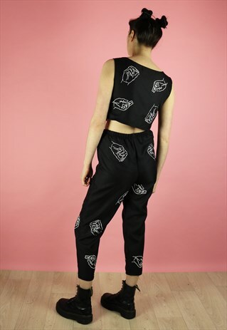 HANDS LINE DRAWING PRINT BLACK HIGH WAIST PEG LEG TROUSERS