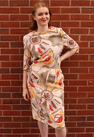 VINTAGE 80'S MIDI DRESS YELLOW RED WHITE FLORAL PENCIL