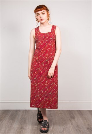 90'S VINTAGE RED STRIPED FLORAL SUMMER MIDI DRESS